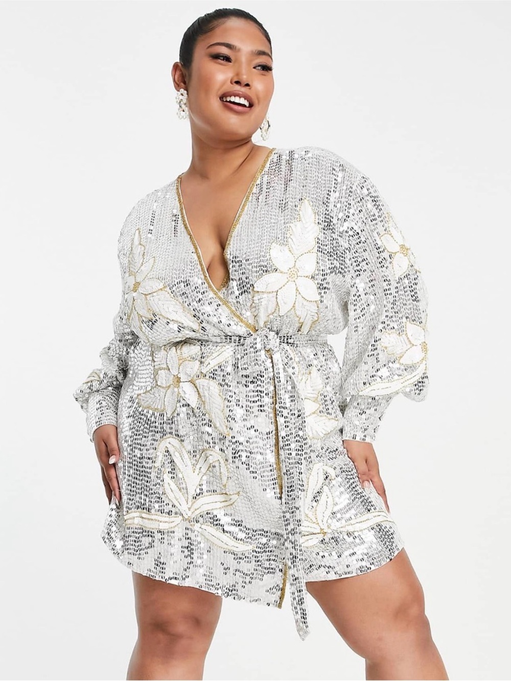 ASOS EDITION Curve floral sequin wrap mini dress in white and silver
